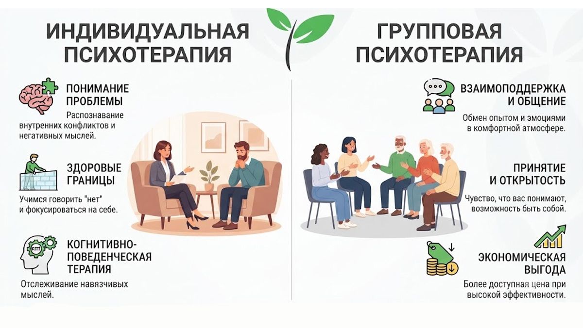 Инфографика: сравнение индивидуальной и групповой психотерапии при лечении созависимости с иконками и ключевыми преимуществами.